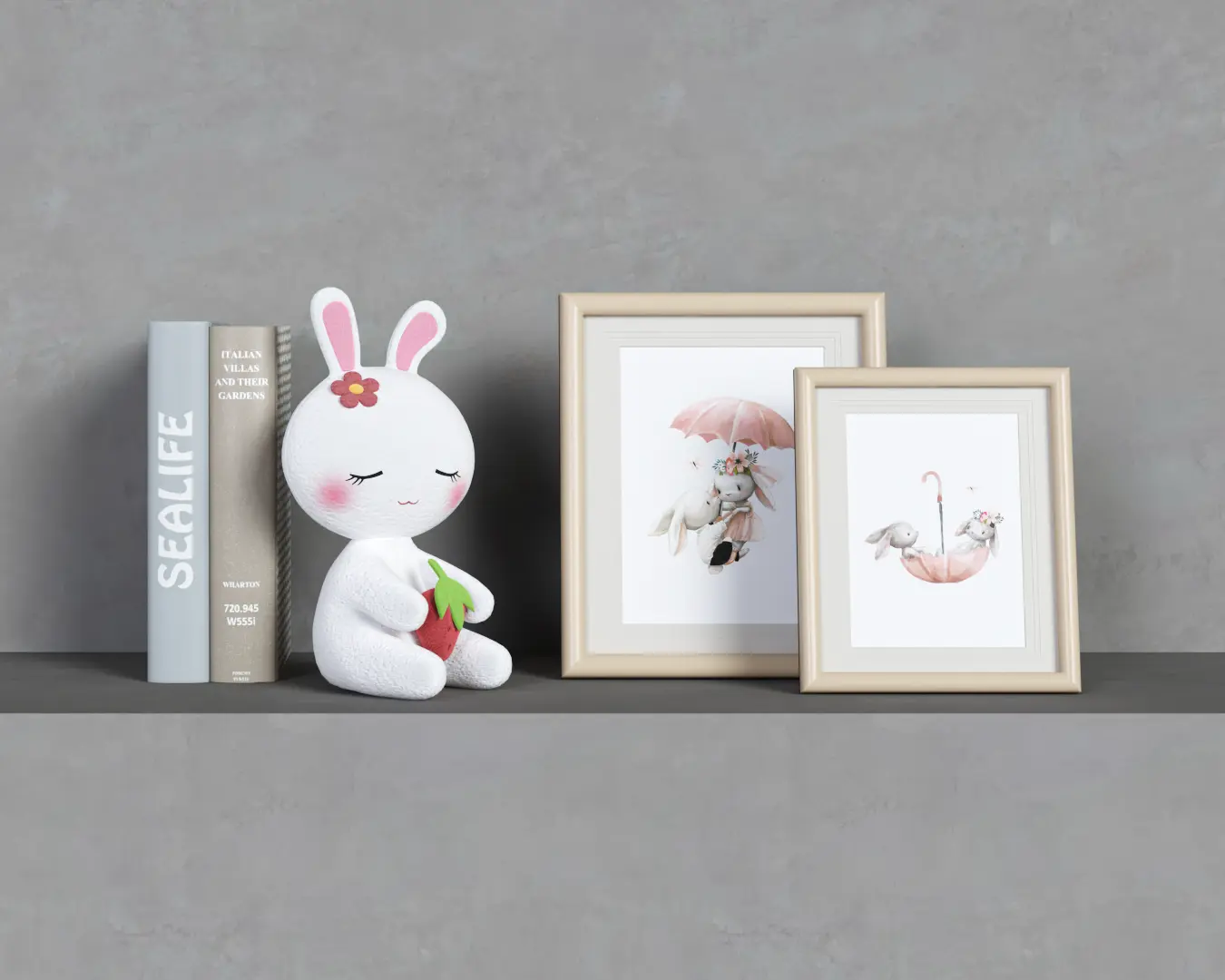 LIVROS E PORTA RETRATO COM COELHOS