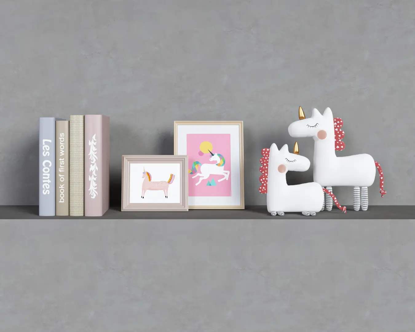 LIVROS E PORTA RETRATO COM UNICÓRNIOS