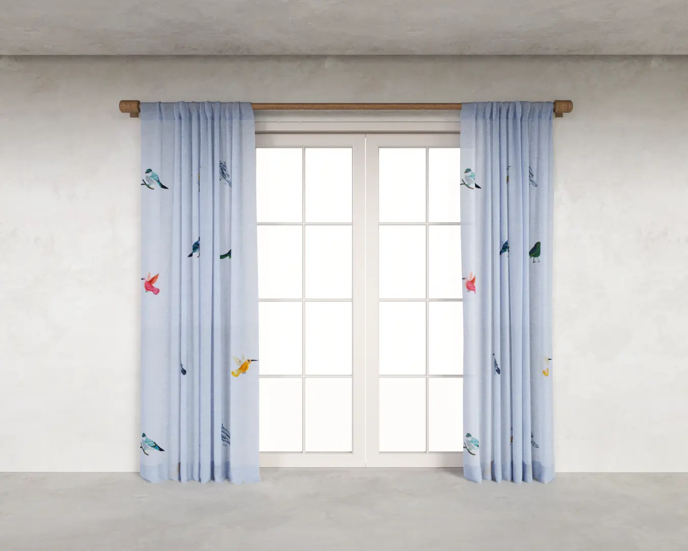 CORTINA COM BORDADO PÁSSAROS